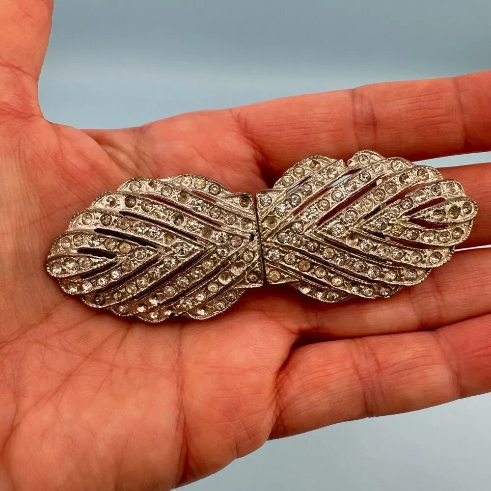Antique Art Deco Nouveau Interlocking Belt Buckle Lot Clear Rhinestone Pot Metal